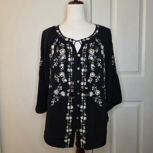 J.Jill Black Floral Embroidered Button Down Tunic